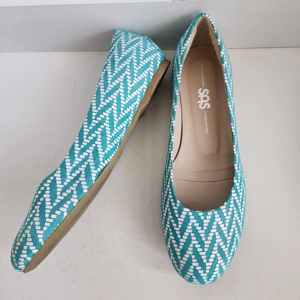 SAS‎ Womens 7.5 Lacey Teal White Chevron Geometric Ballet Flats - $245 MSRP